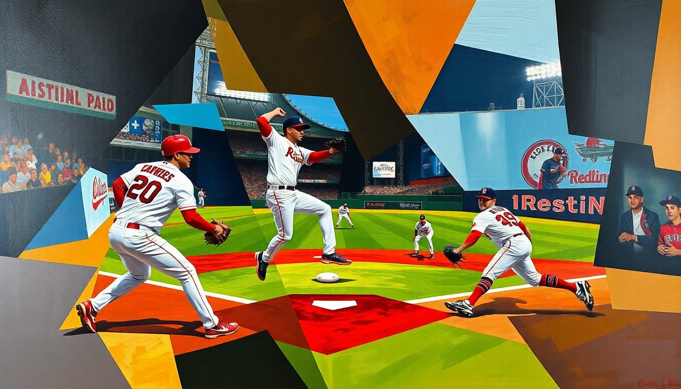 A fractured, multi-perspective painting depicting a baseball game, with the players' movements and actions broken down into sharp, overlapping geometric shapes and forms in a cubist style.