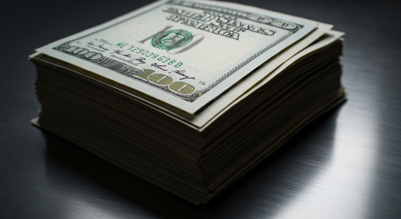 An extreme close-up of a stack of $100 bills resting on a highly reflective metal surface, the dramatic lighting casting deep shadows to emphasize the weight and solidity of the money as a symbol of financial security and stability.