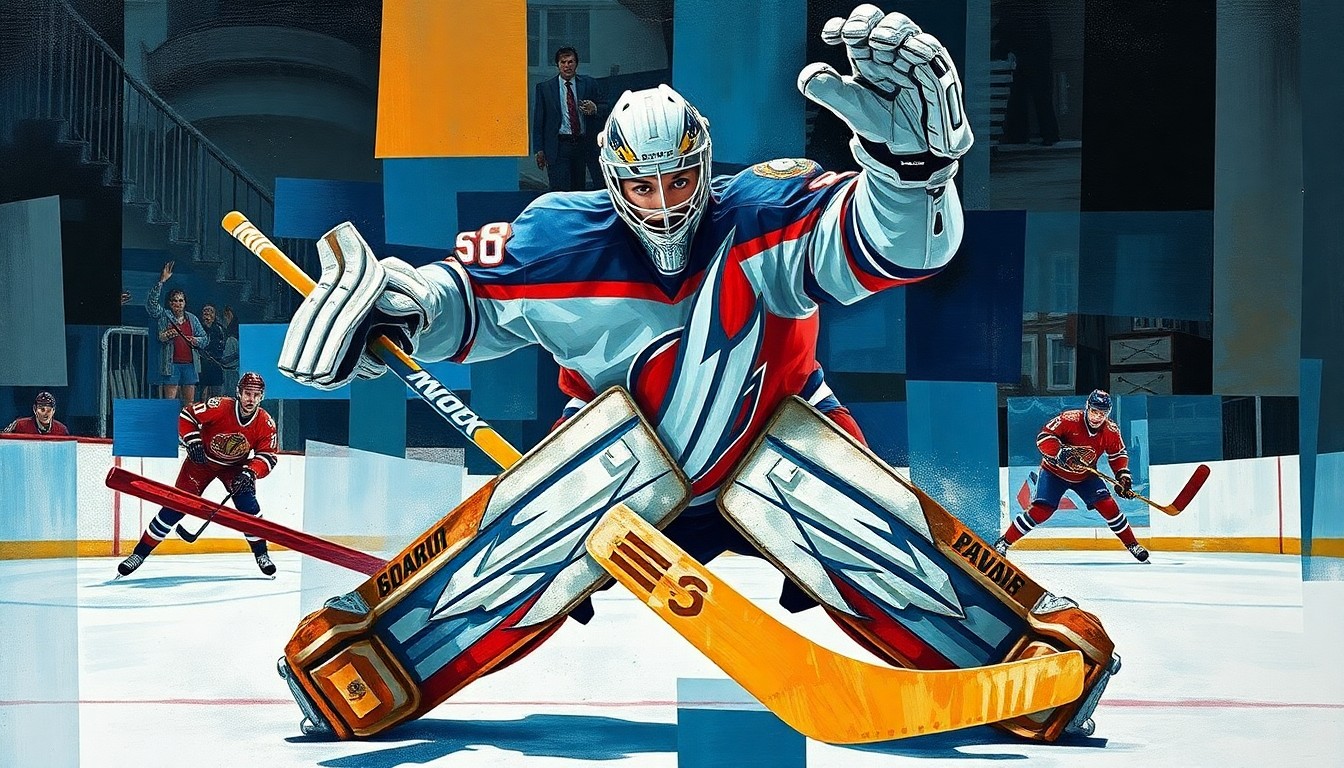 A cubist-style painting depicting a hockey goaltender's movements and actions broken down into sharp, overlapping geometric shapes and planes, conveying the complexity and uncertainty surrounding the Capitals' goaltending situation.
