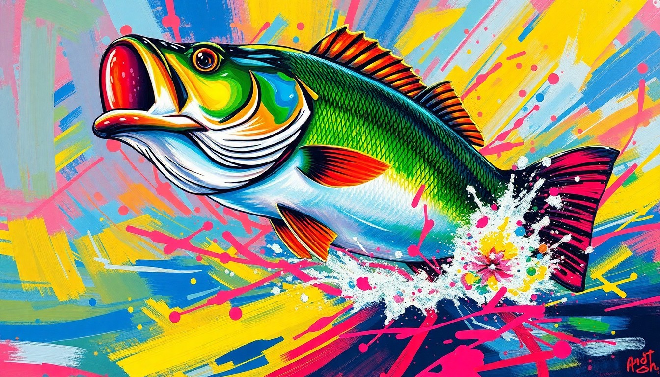 An abstract, expressionist painting in vibrant neon colors depicting the powerful, leaping motion of a massive largemouth bass, its details dissolving into energetic brushstrokes.