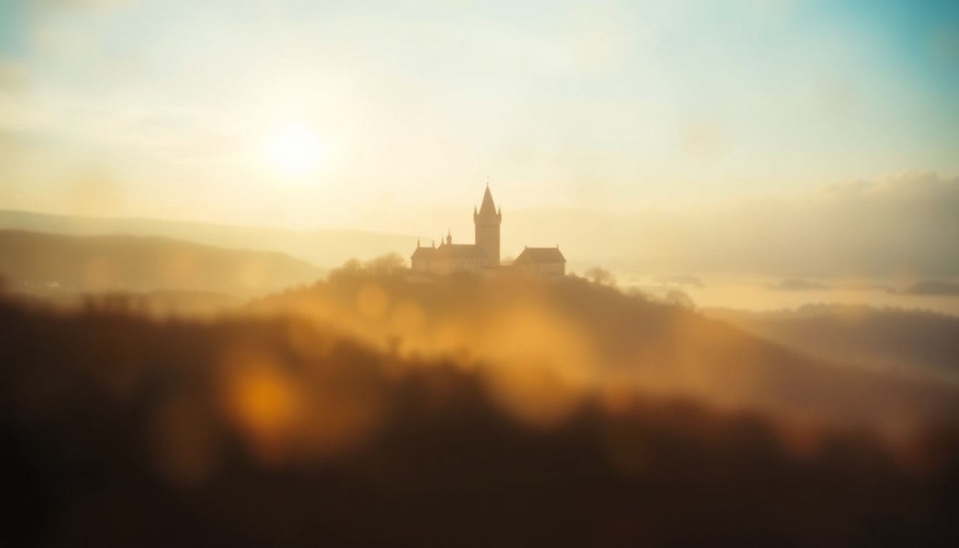 An extremely blurred, impressionistic landscape photograph featuring a distant castle tower emerging from soft, hazy pools of warm light and color, conveying the meditative, atmospheric quality of landscape photography.
