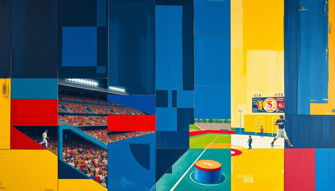 A cubist-style painting featuring overlapping geometric shapes in navy, red, and yellow, conceptually representing the complex and multifaceted nature of the Padres' future under A.J. Preller's leadership.