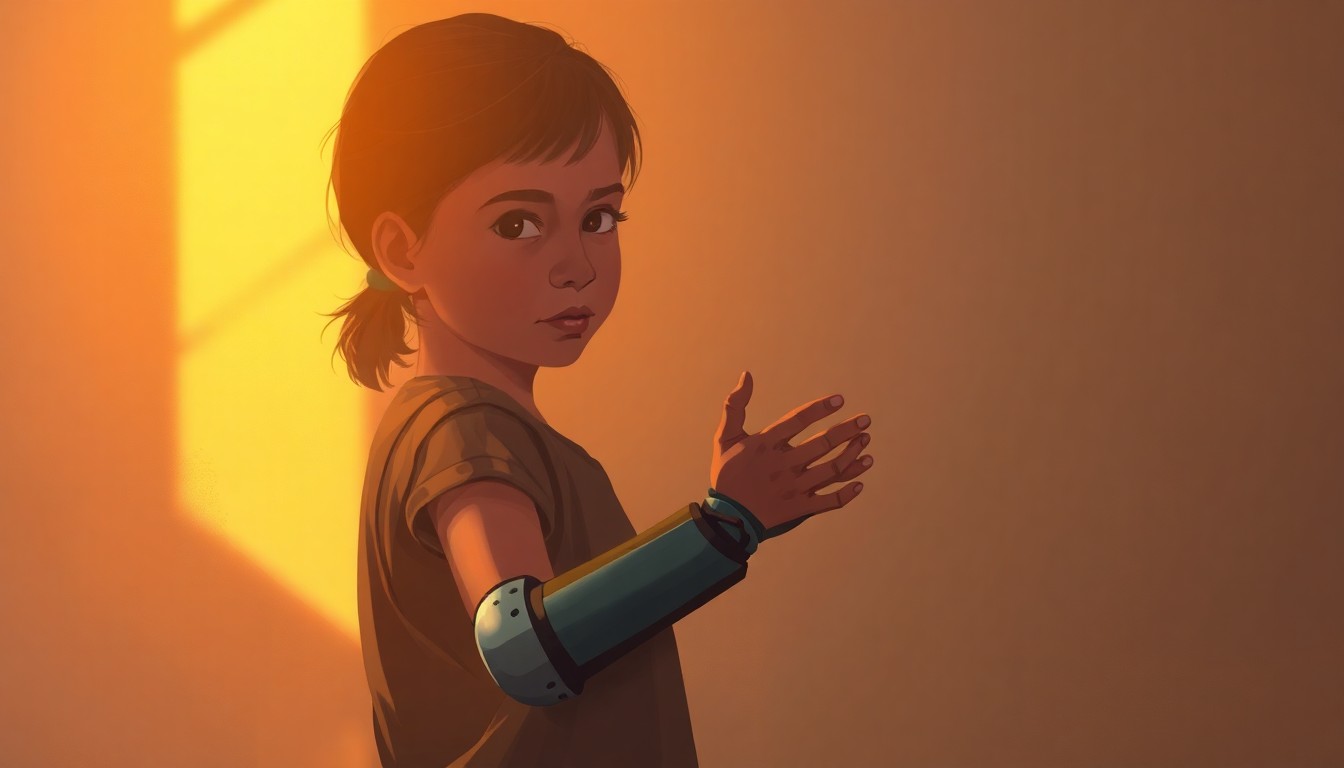 A close-up painting of a young girl's prosthetic arm, bathed in warm, golden light and surrounded by deep shadows, conveying a sense of resilience and the human impact of the ongoing conflict in Gaza.