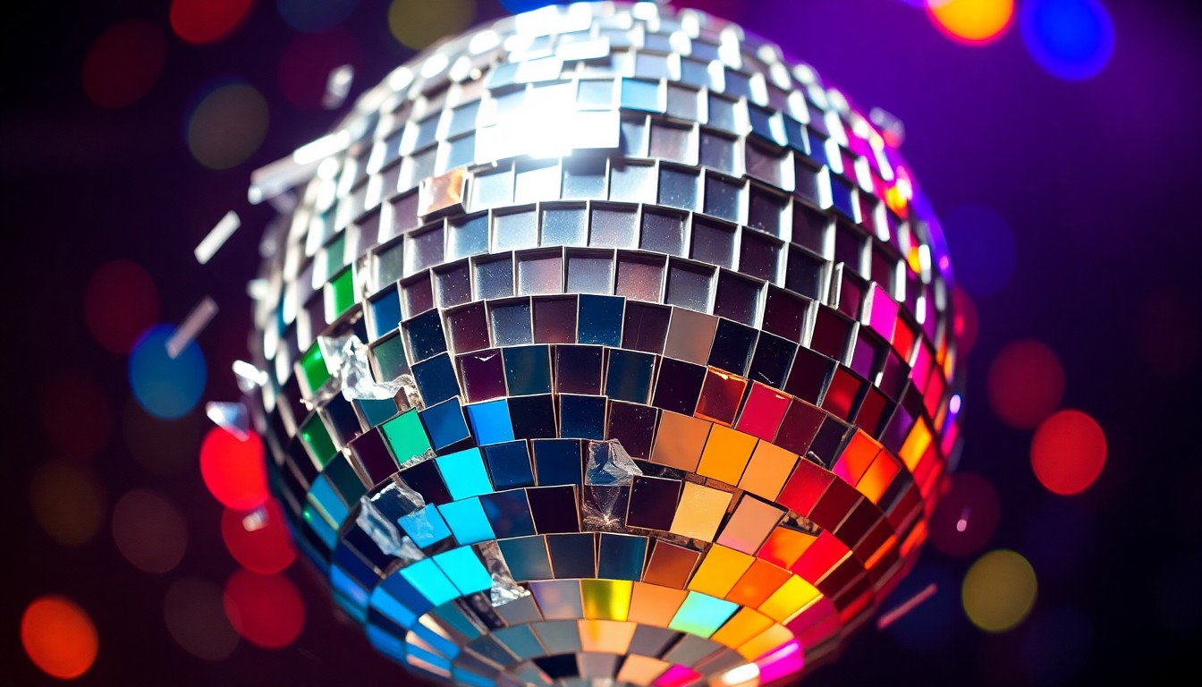 An abstract close-up photograph of a shattered disco ball reflecting a kaleidoscope of colorful lights, symbolizing the emotional complexity and fragmented state of the Foo Fighters as they navigate the loss of a beloved bandmate.