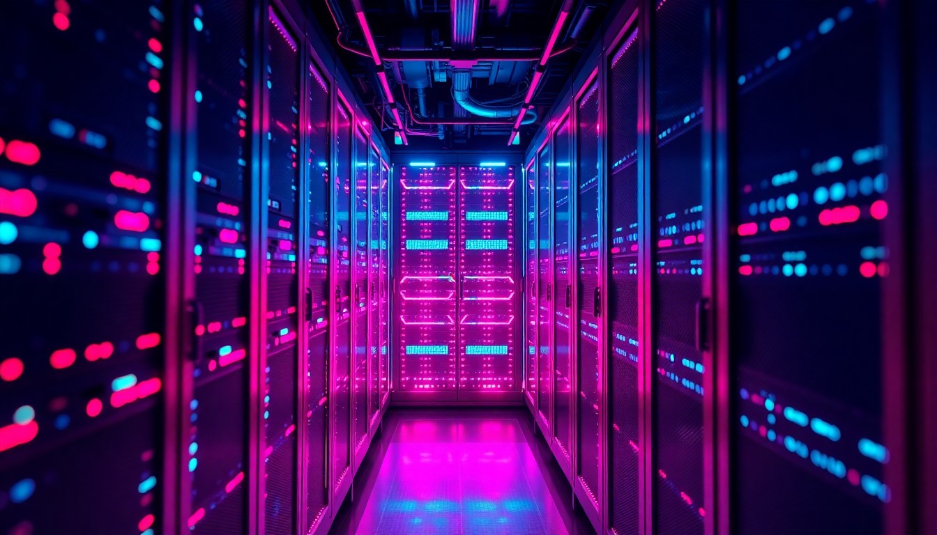 A highly detailed, glowing 3D illustration of a futuristic data center rack, with intricate cybernetic hardware components illuminated by vibrant neon lights, conceptually representing the technological challenges facing Apple in the AI-driven future.