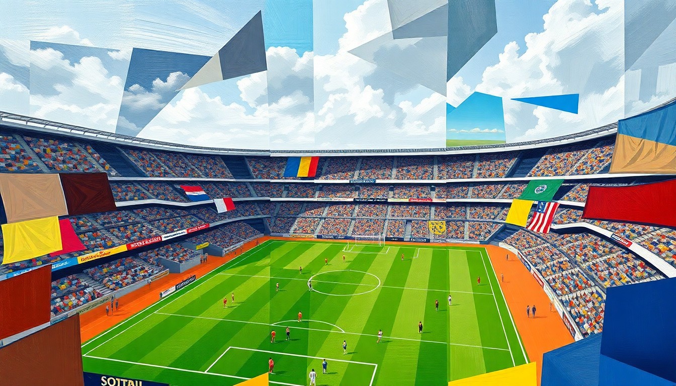 A fractured, cubist-style painting depicting a soccer match or competition at SoFi Stadium, with sharp, overlapping geometric planes in the official team colors of the World Cup teams as well as shades of grey and blue to represent the urban setting. The painting captures the tension and disruption of the labor dispute surrounding the event.