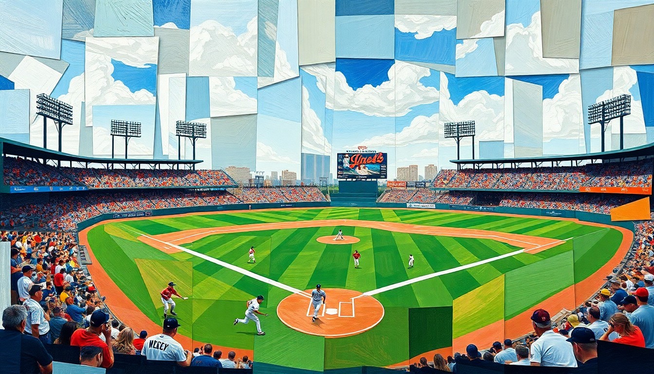A cubist-style painting depicting a baseball game or match, with the players and field broken down into sharp, overlapping geometric shapes and planes in vibrant colors, capturing the energy and movement of the sport.