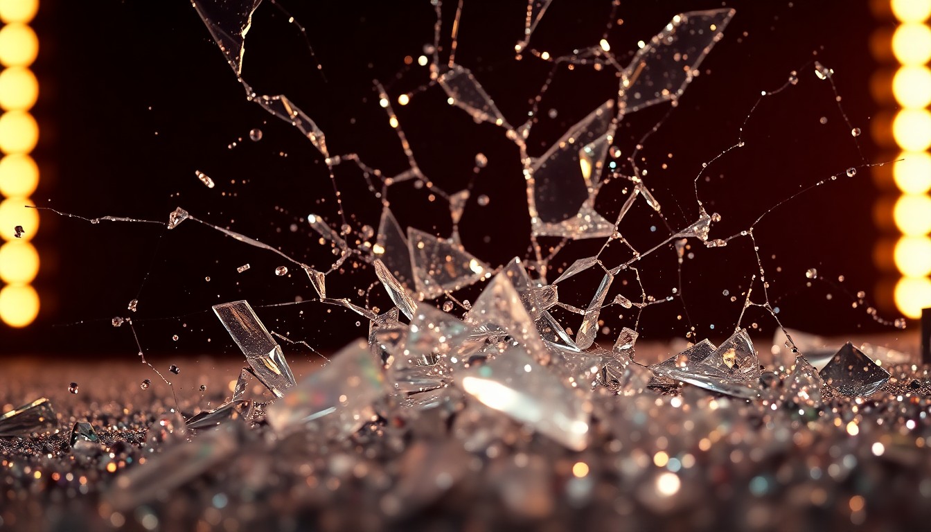 An abstract, close-up image featuring shattered glass and glittering sequins, captured in dramatic, high-contrast lighting to evoke the glamour and high-stakes drama of the Big Little Lies universe.