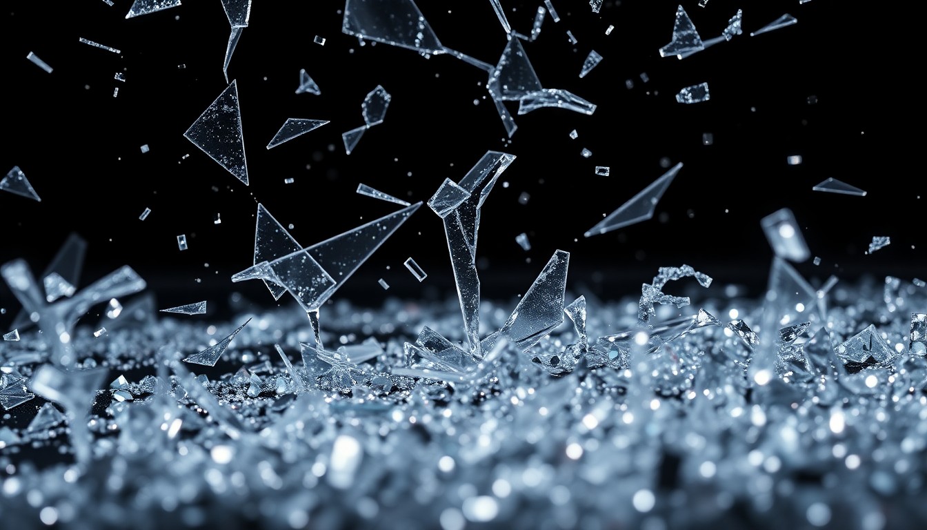 An extreme close-up photograph of shattered glass and glittering sequins, capturing the dramatic, high-contrast textures and lighting that convey the glamour and tension of the late-night television industry.