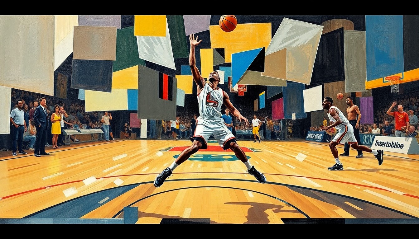 A cubist-style painting depicting the geometric shapes and planes of a basketball player's movements, representing the loss of a key player and the challenge of replacing his impact on the court.