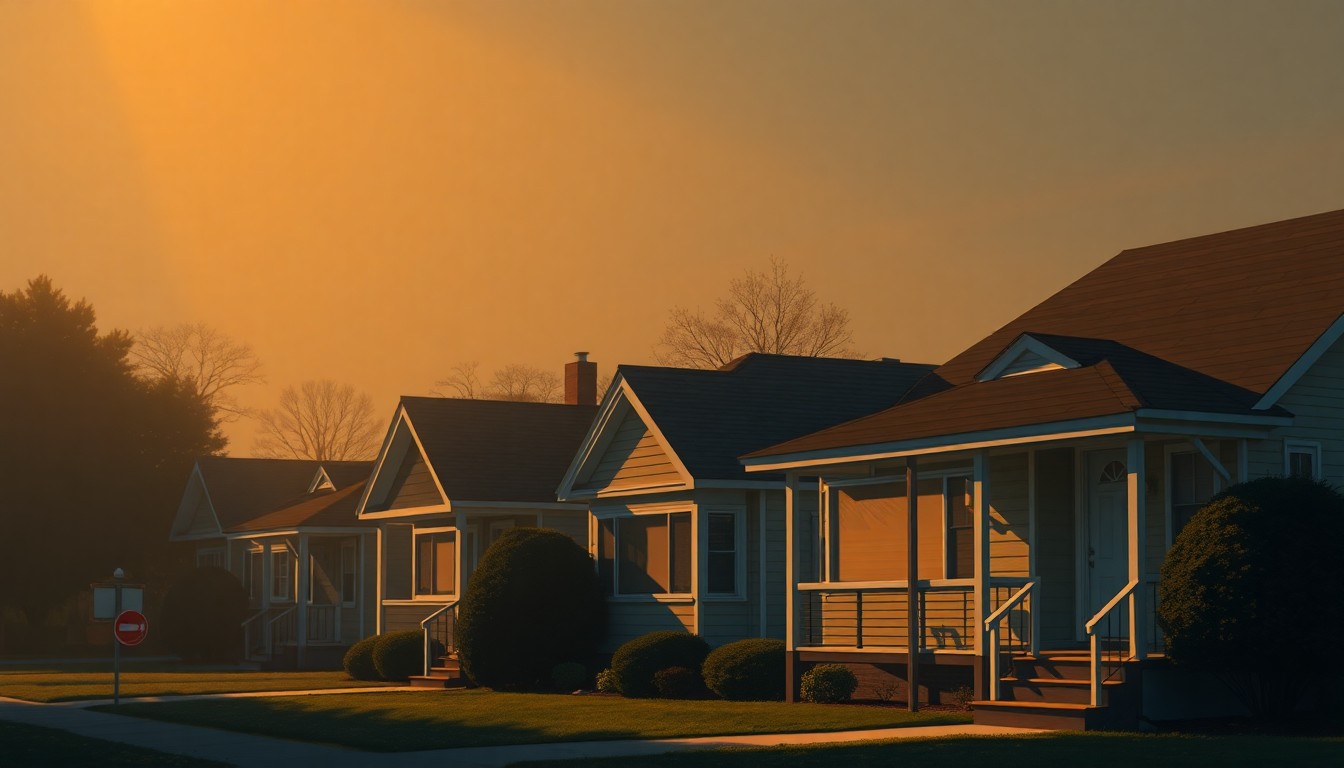 A serene, nostalgic painting of a residential street with modest single-story homes, capturing the quiet, cinematic mood of the neighborhood's historic change.