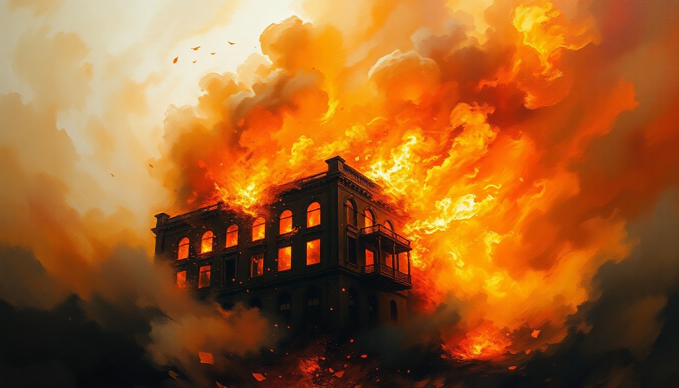 A sweeping, textured oil painting in warm tones of orange, red, and yellow, depicting a massive, swirling vortex of smoke and flames consuming a building, conveying the raw power and energy of the raging fire.