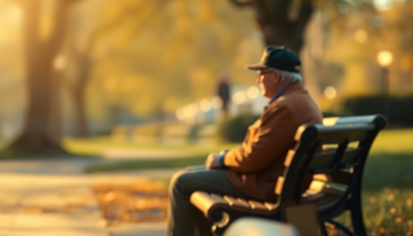 An abstract, impressionistic scene of a lone figure sitting on a park bench, obscured by soft, hazy light and color, conveying a sense of solitude and introspection.