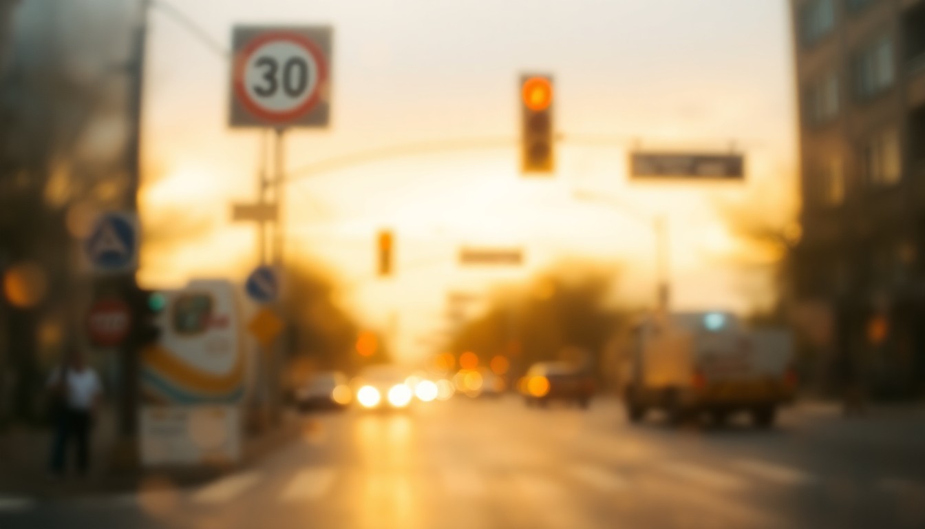 An abstract, impressionistic scene of a blurred city street with muted traffic lights and a speed limit sign, conveying the concept of speed enforcement through a soft, atmospheric visual metaphor.