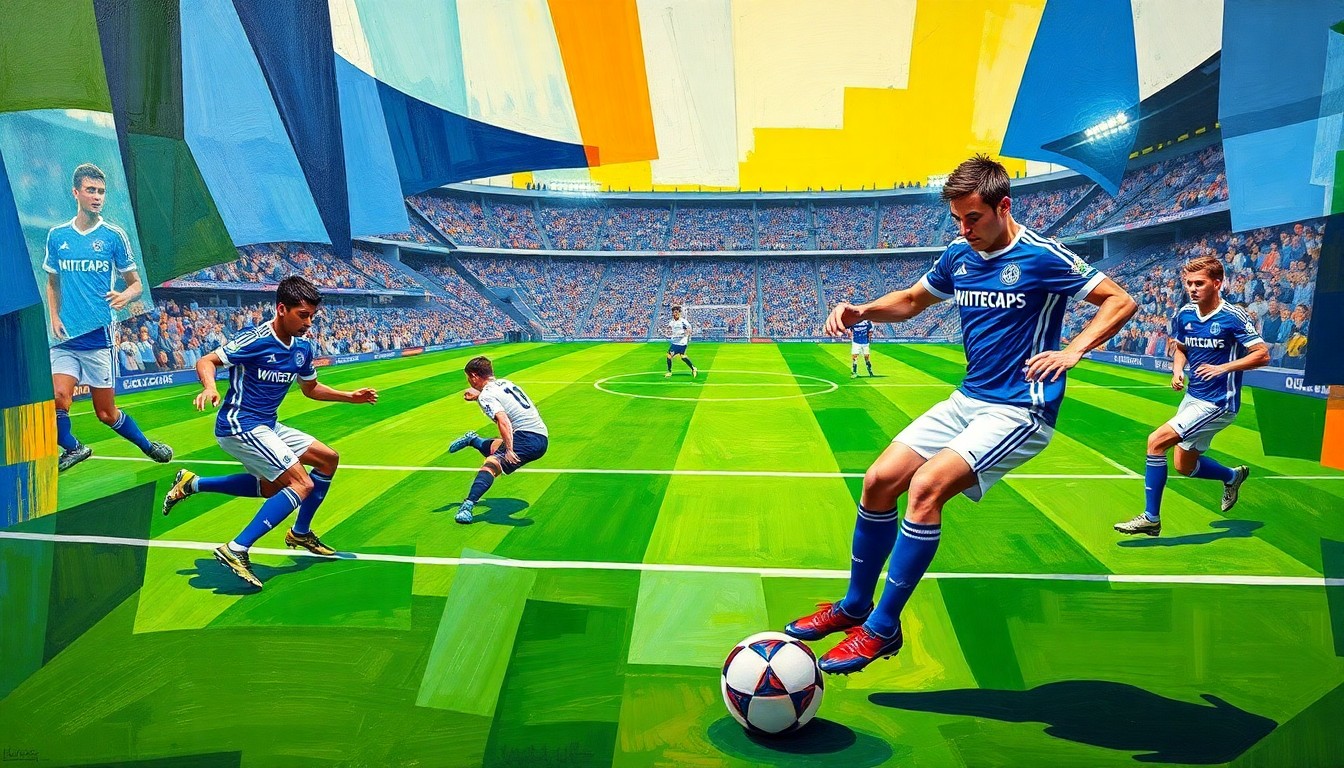 A fractured, multi-perspective painting depicting a soccer match, with players, the ball, and the field broken down into sharp, overlapping geometric planes in vibrant colors representing the Whitecaps' uniforms and the pitch, capturing the energy and dynamism of their record-breaking start to the MLS season.