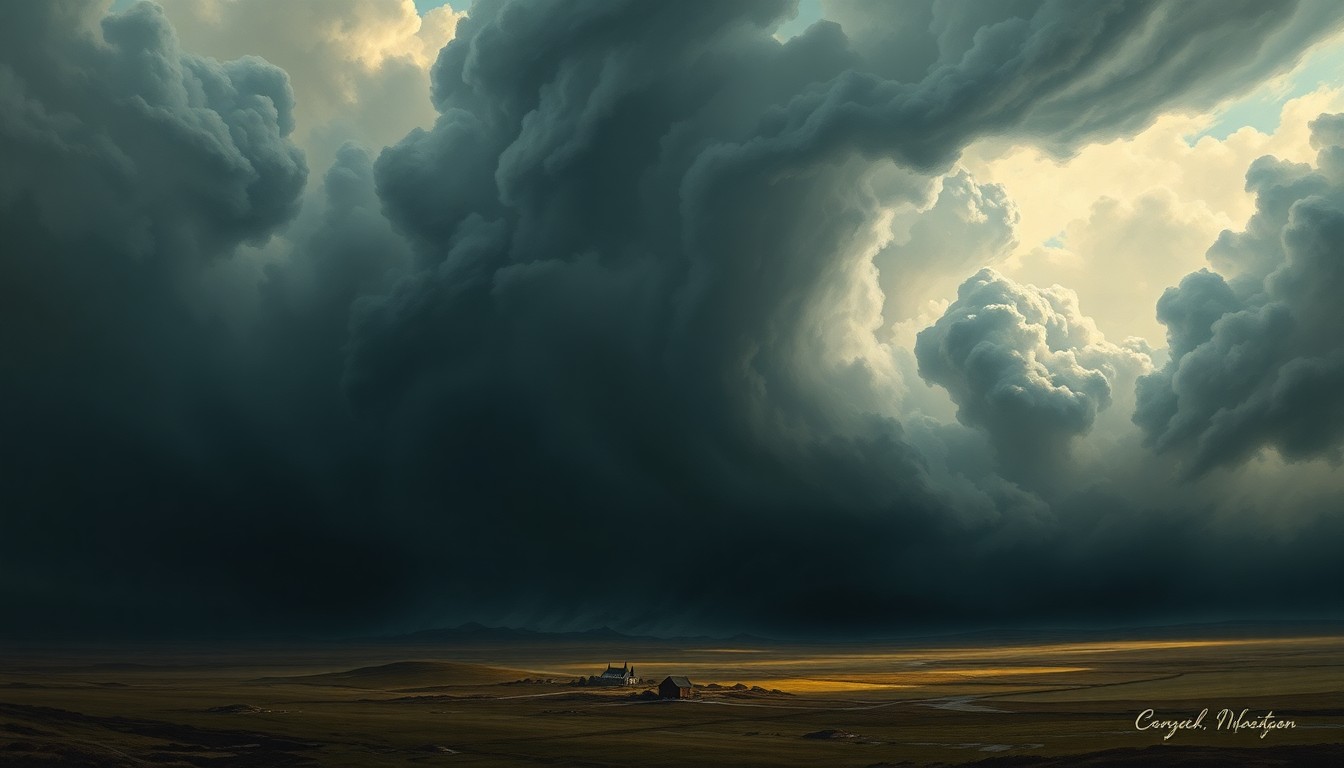 A vast, atmospheric landscape painting featuring a massive, swirling storm system dominating the scene, with physical structures and objects dwarfed by the overwhelming power of nature.
