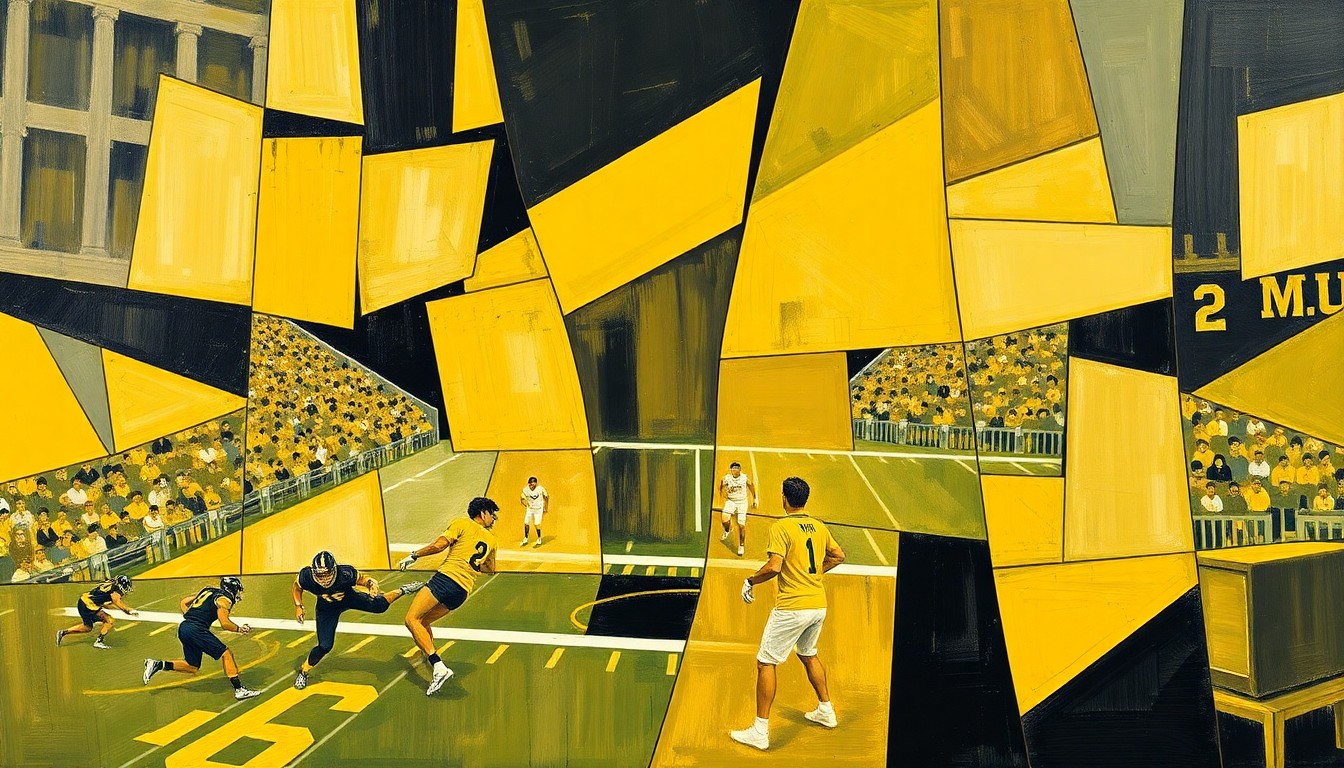 A fractured, cubist-style painting depicting a Purdue football game or practice, with the action broken down into sharp, overlapping geometric shapes in the team's colors of old gold and black.