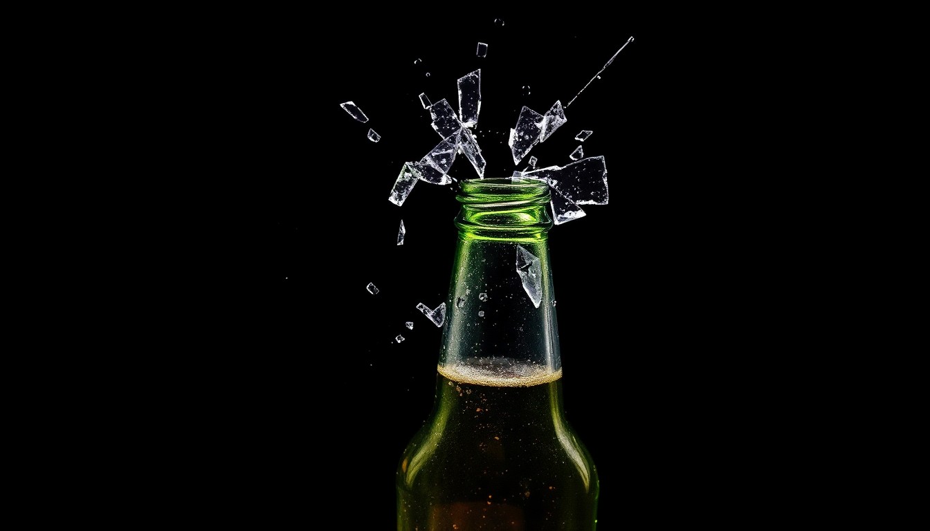 An extreme close-up photograph of a shattered glass beer bottle against a pitch-black background, conceptually representing the violent dispute over salvaged cargo from the Mariechen shipwreck.