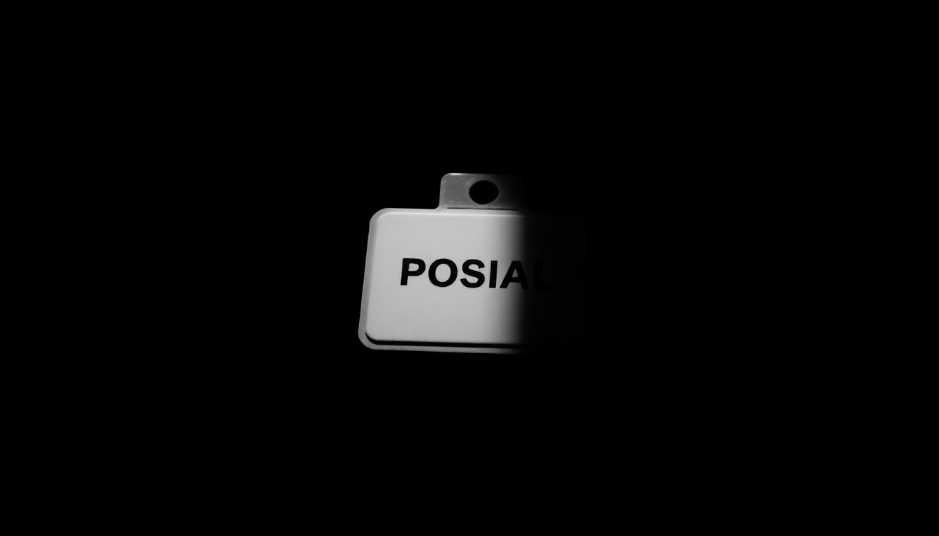 An extreme close-up photograph of a postal worker ID badge or security badge, the details obscured by dramatic shadows and highlights, conveying a sense of investigation and unease surrounding the incident.