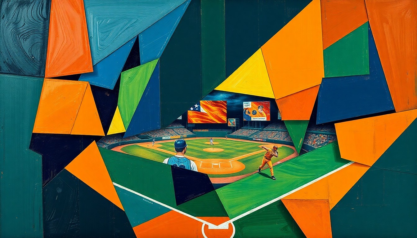 A cubist, geometric painting depicting a baseball game or match, with sharp, overlapping planes of navy blue, forest green, and burnt orange, conveying the complex roster decisions facing the Atlanta Braves.