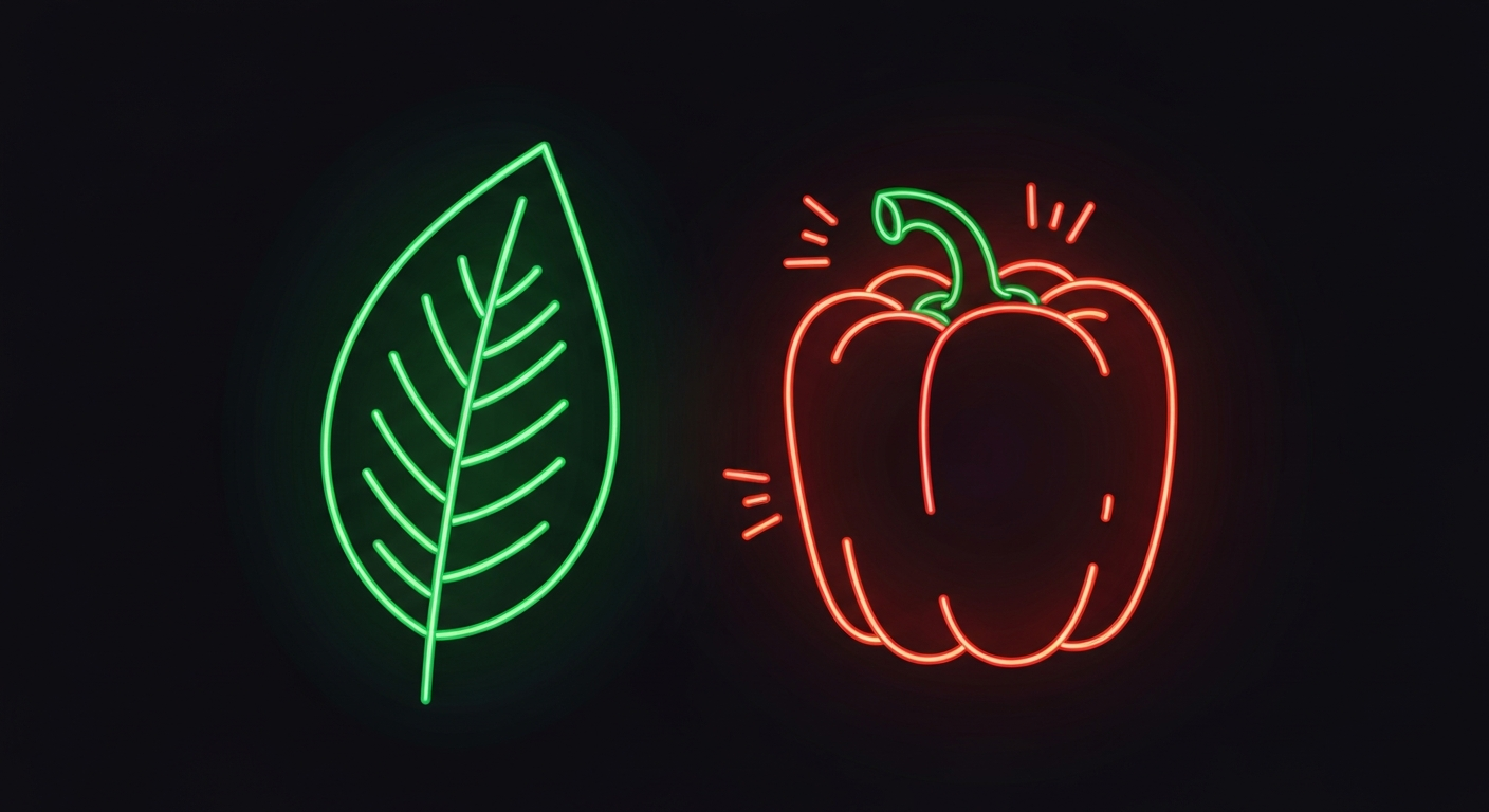A minimalist illustration in the style of Keith Haring, featuring glowing neon outlines of a green leaf and a red bell pepper against a dark background, conceptually representing the energetic and comforting properties of these ingredients.