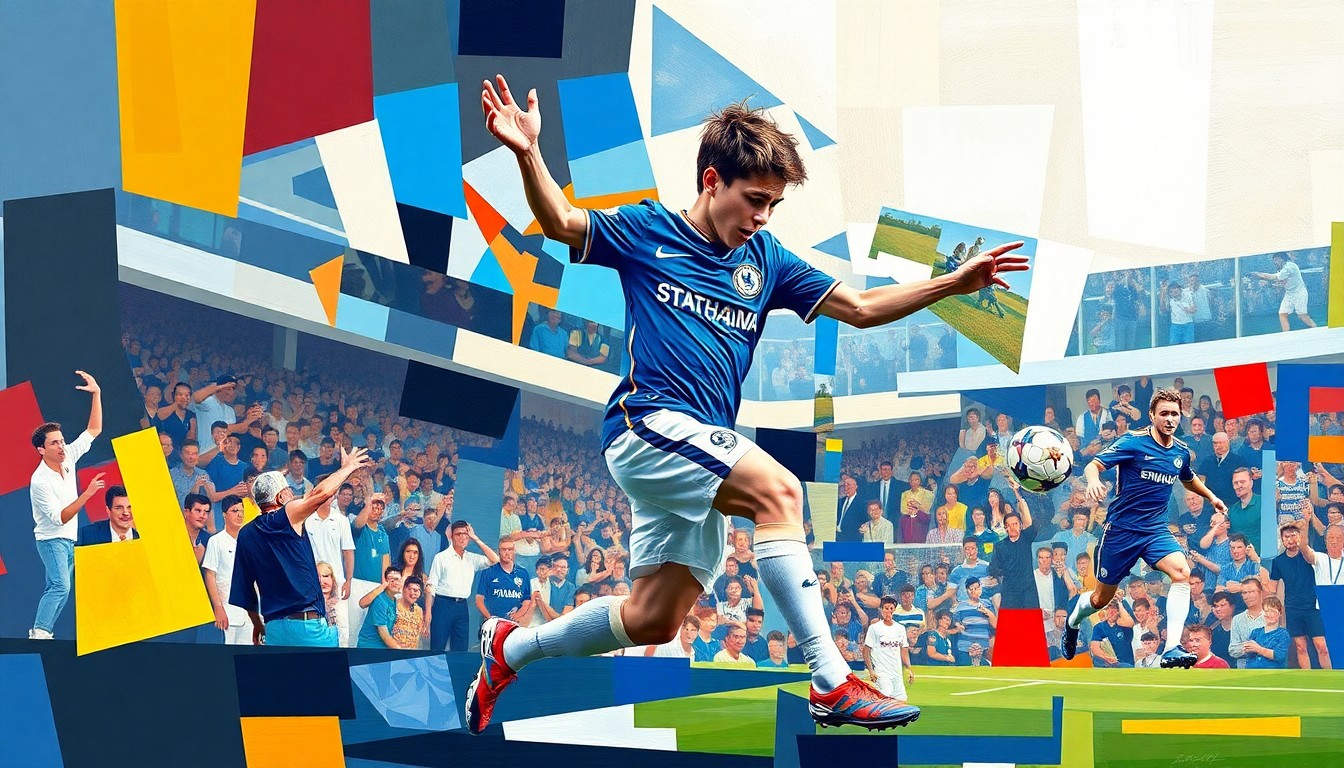 A cubist-style painting depicting a young soccer player in Chelsea's uniform dribbling, shooting, and celebrating in a fragmented, multi-perspective style, conveying the dynamic energy and potential of the rising star.
