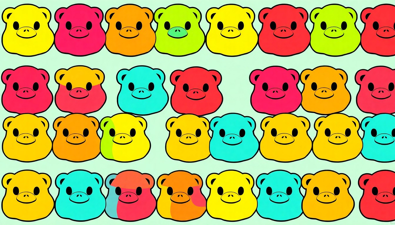 A brightly colored, high-contrast silkscreen print of a squishy NeeDohs toy repeated in a tight grid pattern, capturing the pop art style and the ephemeral nature of consumer trends.