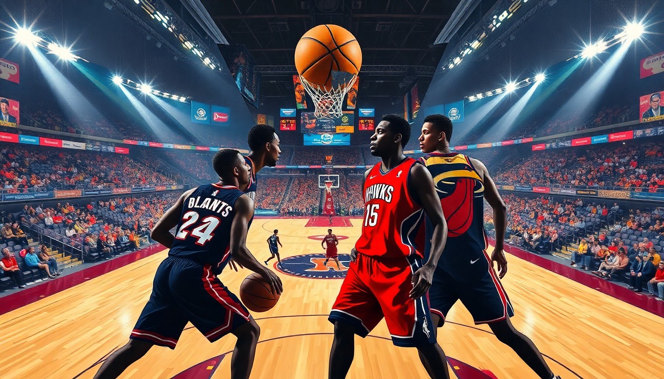 A fractured, multi-perspective painting breaking down a basketball game into sharp, overlapping geometric planes, with the players' forms abstracted and the court fading into the background in a vibrant, cubist composition.