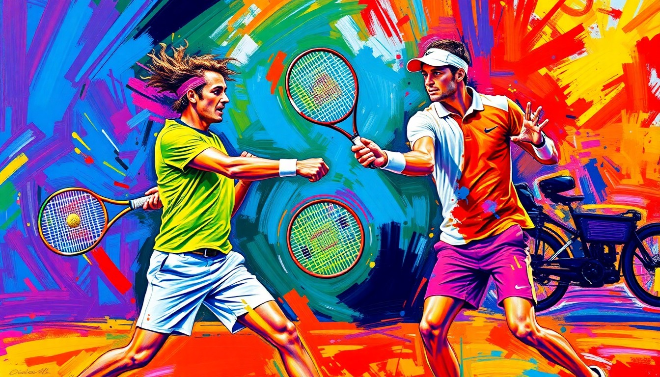 An abstract, neon-colored painting depicting the dynamic movement and energy of a doubles tennis match, with overlapping brushstrokes and shapes representing the players and the court.