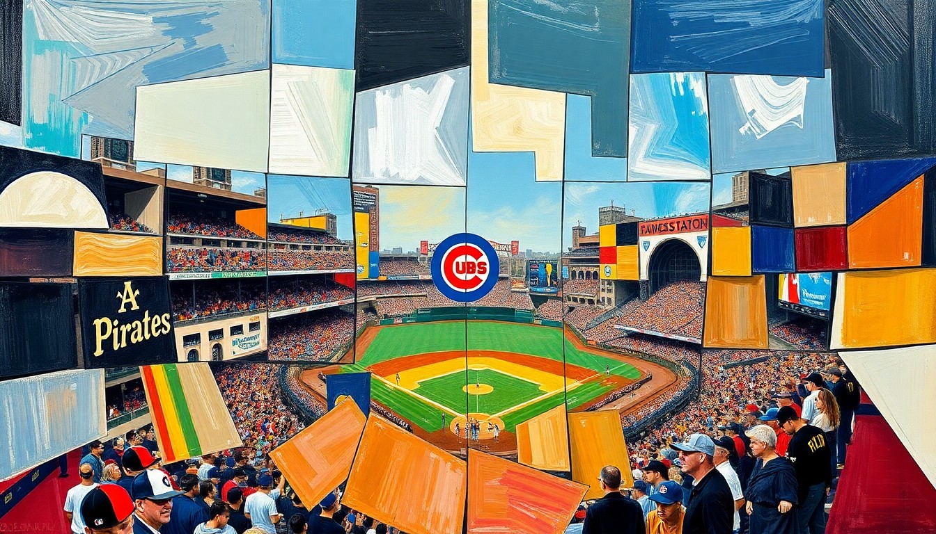 A cubist, geometric painting depicting a baseball game in fragmented, overlapping planes of color, capturing the energy and movement of the Cubs' comeback victory.