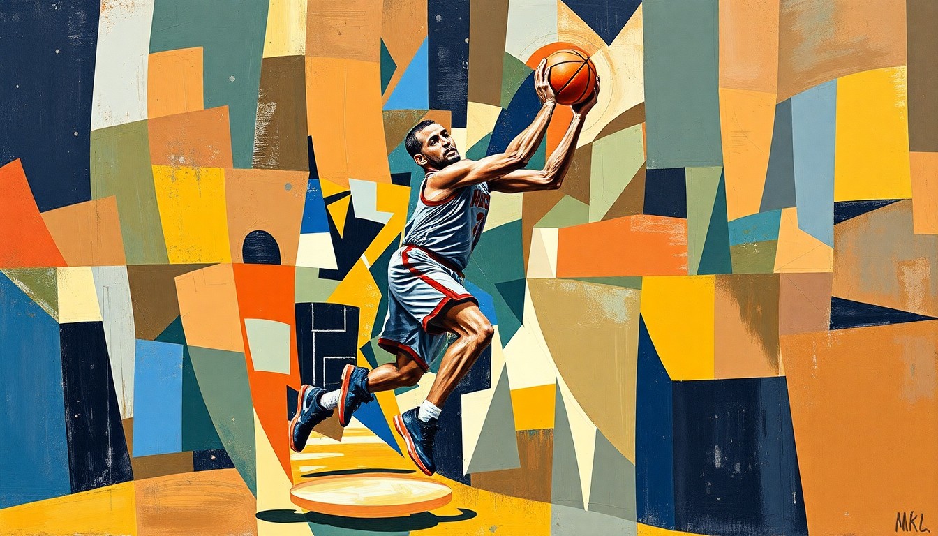 A cubist-style painting depicting a basketball player's movements broken down into overlapping geometric shapes and planes, conveying the complex dynamics of contract negotiations.