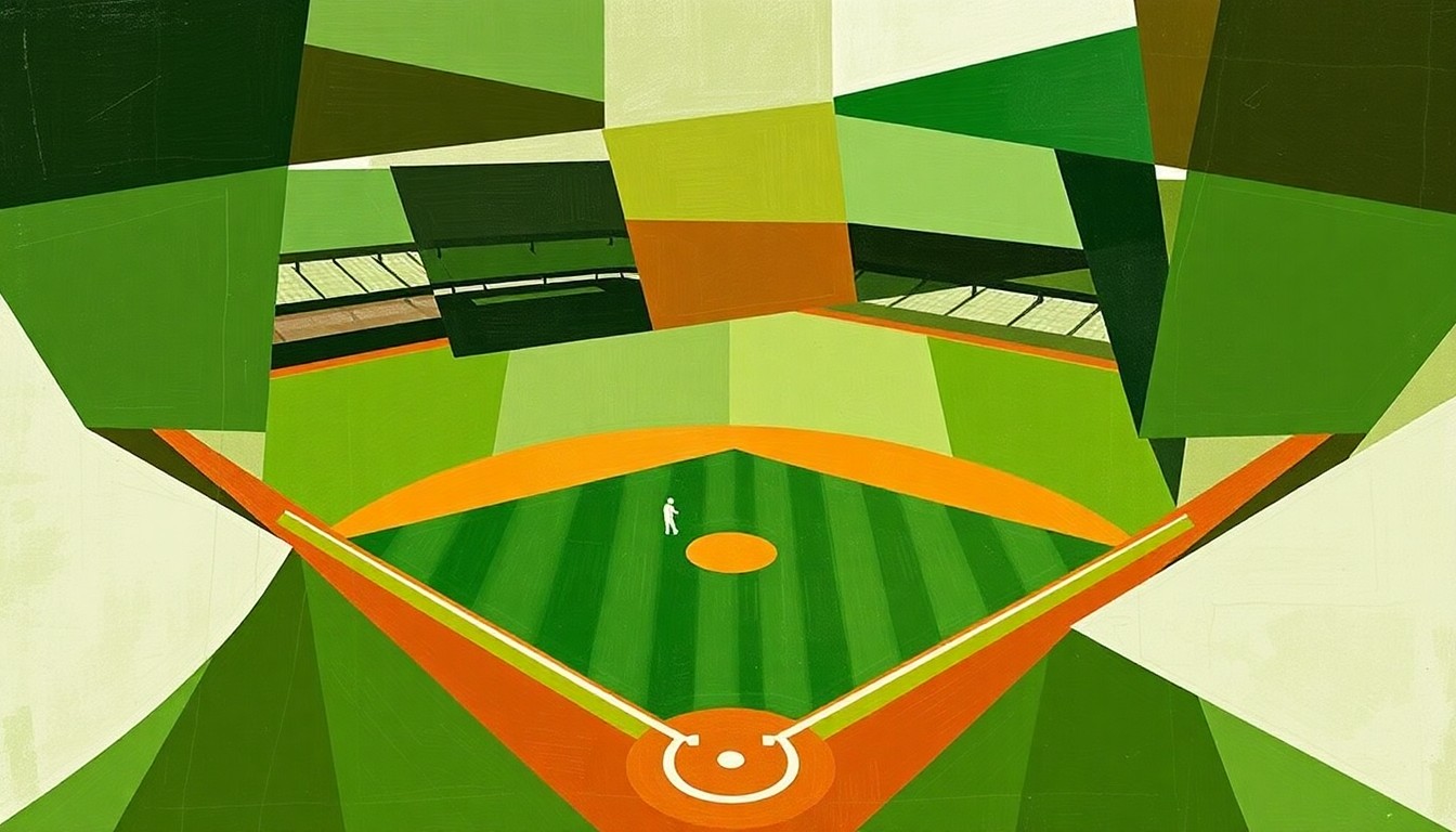 A cubist, geometric painting depicting a baseball game broken down into overlapping planes of green, brown, and white, conveying the dynamic energy and tension of the Cubs' comeback win.