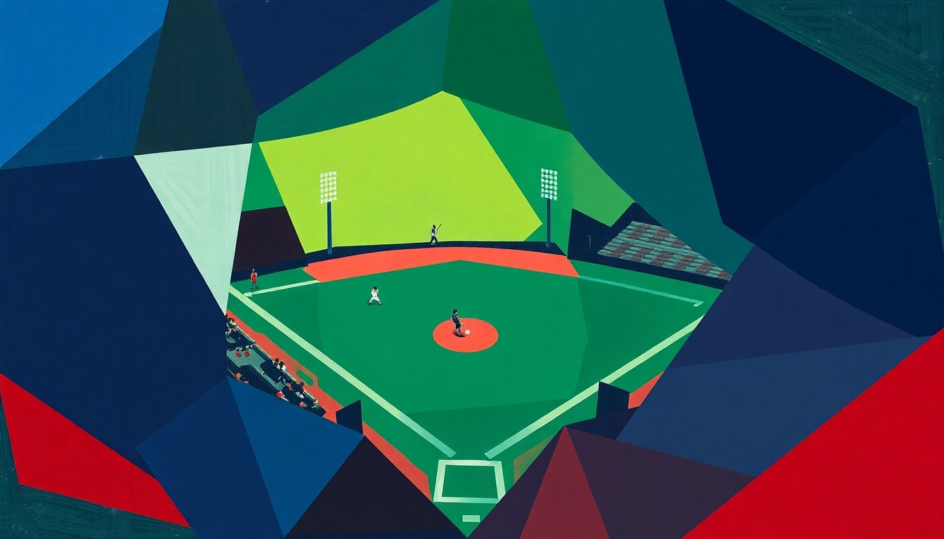 A cubist, geometric painting depicting the dynamic action of a high school softball game, with players and the field broken down into sharp, overlapping planes of color.