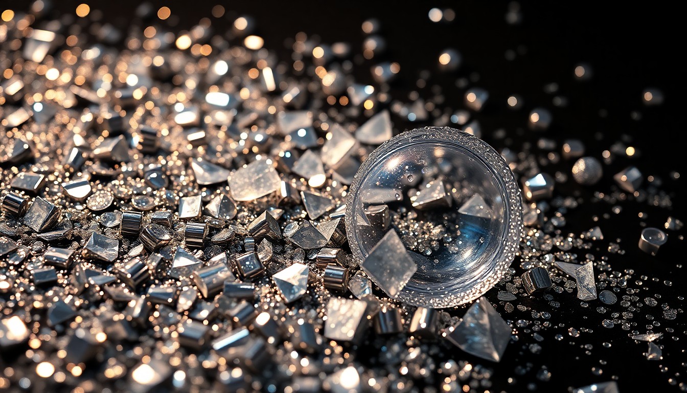 An abstract close-up photograph of shimmering sequins and shattered glass, captured in dramatic high-contrast lighting to create a luxurious, high-fashion aesthetic.