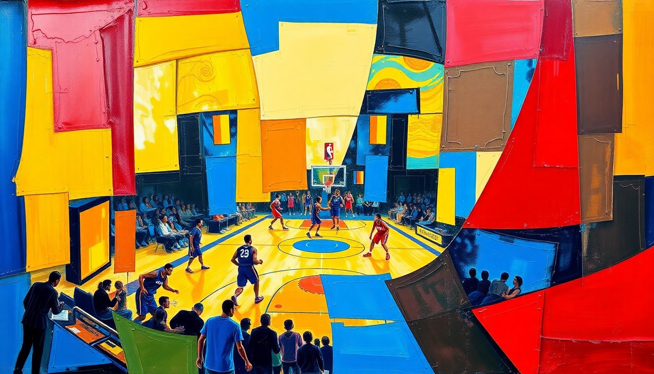 A fragmented, geometric painting depicting a basketball game or broadcast scene, with sharp, overlapping shapes and planes in vibrant colors, conveying the excitement and change surrounding a veteran sportscaster's career move.