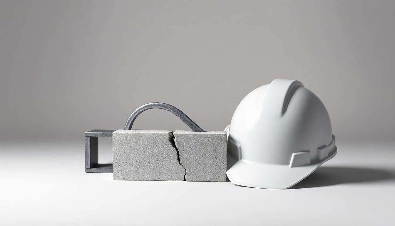 A photorealistic studio still life featuring a cracked concrete block, a bent steel I-beam, and a hard hat, symbolizing the challenges facing the construction industry.