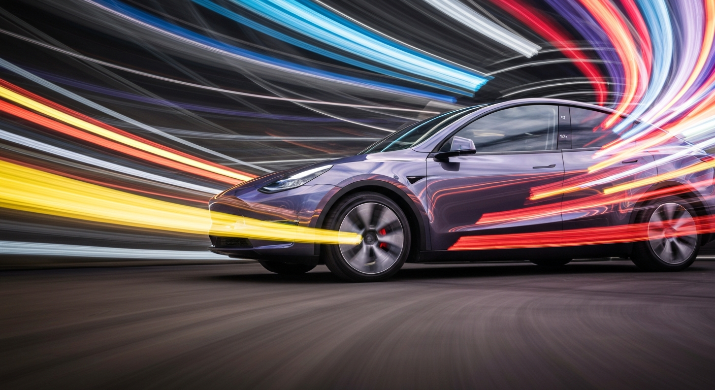 Heavily blurred, sweeping streaks of color in shades of blue, white, and silver, conceptually representing the dynamic motion of an electric vehicle amid the fuel crisis.