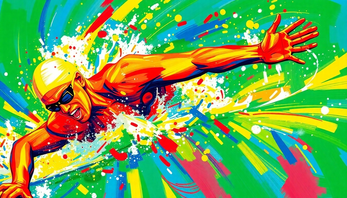 An abstract, neon-colored painting depicting the fluid, dynamic movements of a swimmer cutting through the water, with splashes of color and energy capturing the intensity of the competition.
