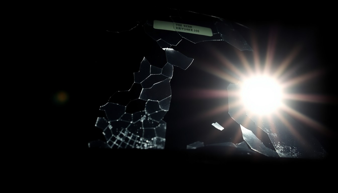 An extreme close-up photograph of a shattered car windshield, capturing the gritty, investigative aesthetic of the Weegee style. The image conceptually represents the tragic aftermath of the Novato crash that impacted the Rohnert Park community.