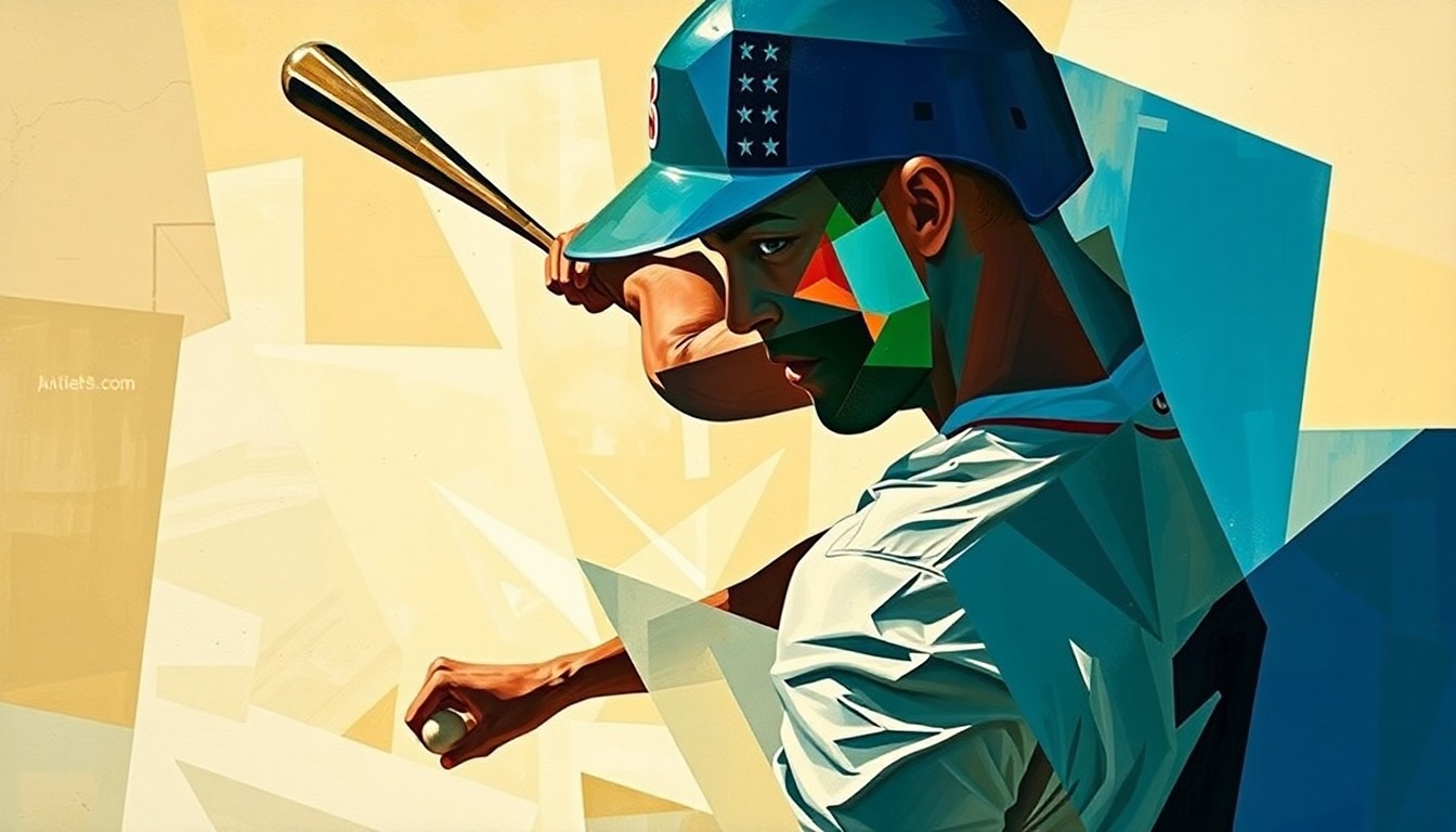 A fractured, cubist-style painting depicting a baseball player in motion, with their form broken down into sharp, overlapping geometric shapes and planes, capturing the dynamic energy of the sport.