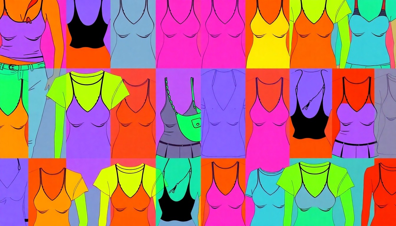 A high-contrast silkscreen print in neon colors depicting a repeated pattern of a women's clothing item, conceptually representing the debate over dress codes and appropriateness in public spaces.