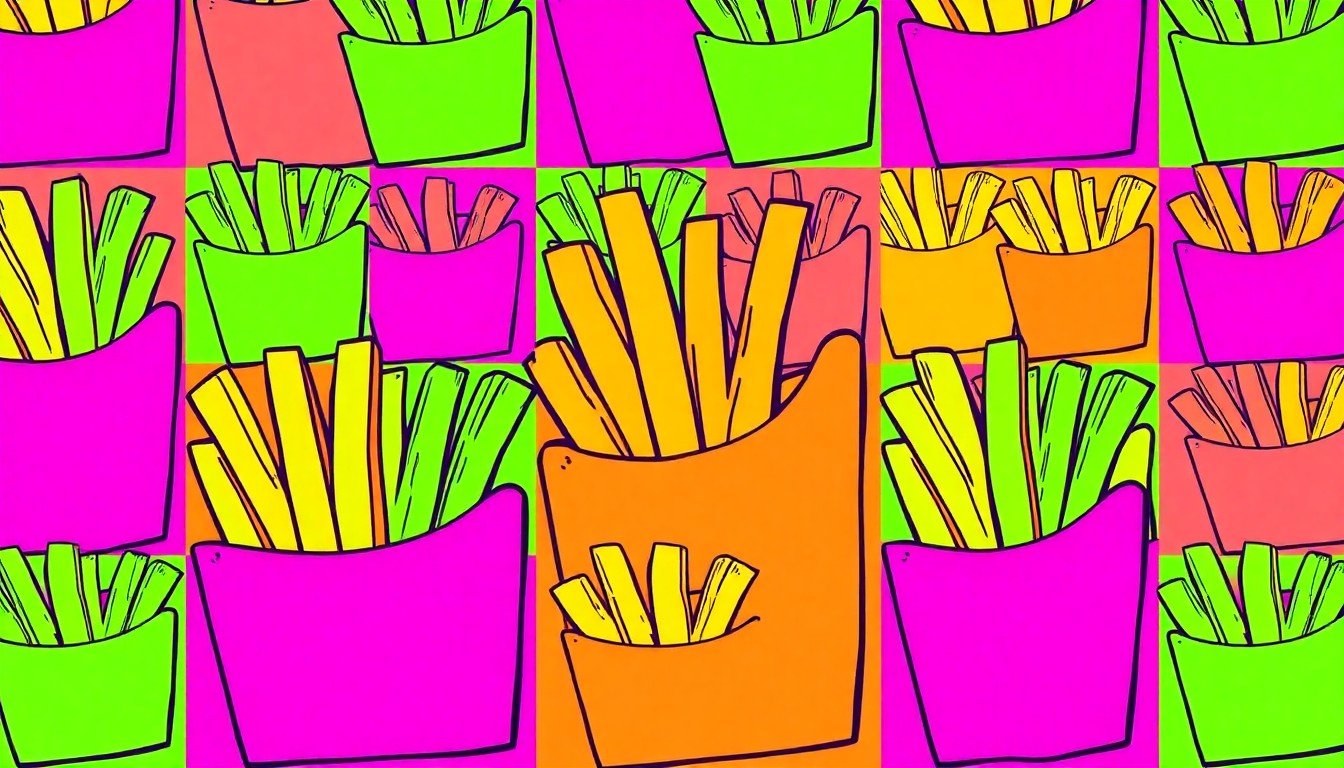 A brightly colored, high-contrast silkscreen print of a single waffle fry repeated in a tight grid pattern, conceptually representing the iconic menu item at Fryce Cream.