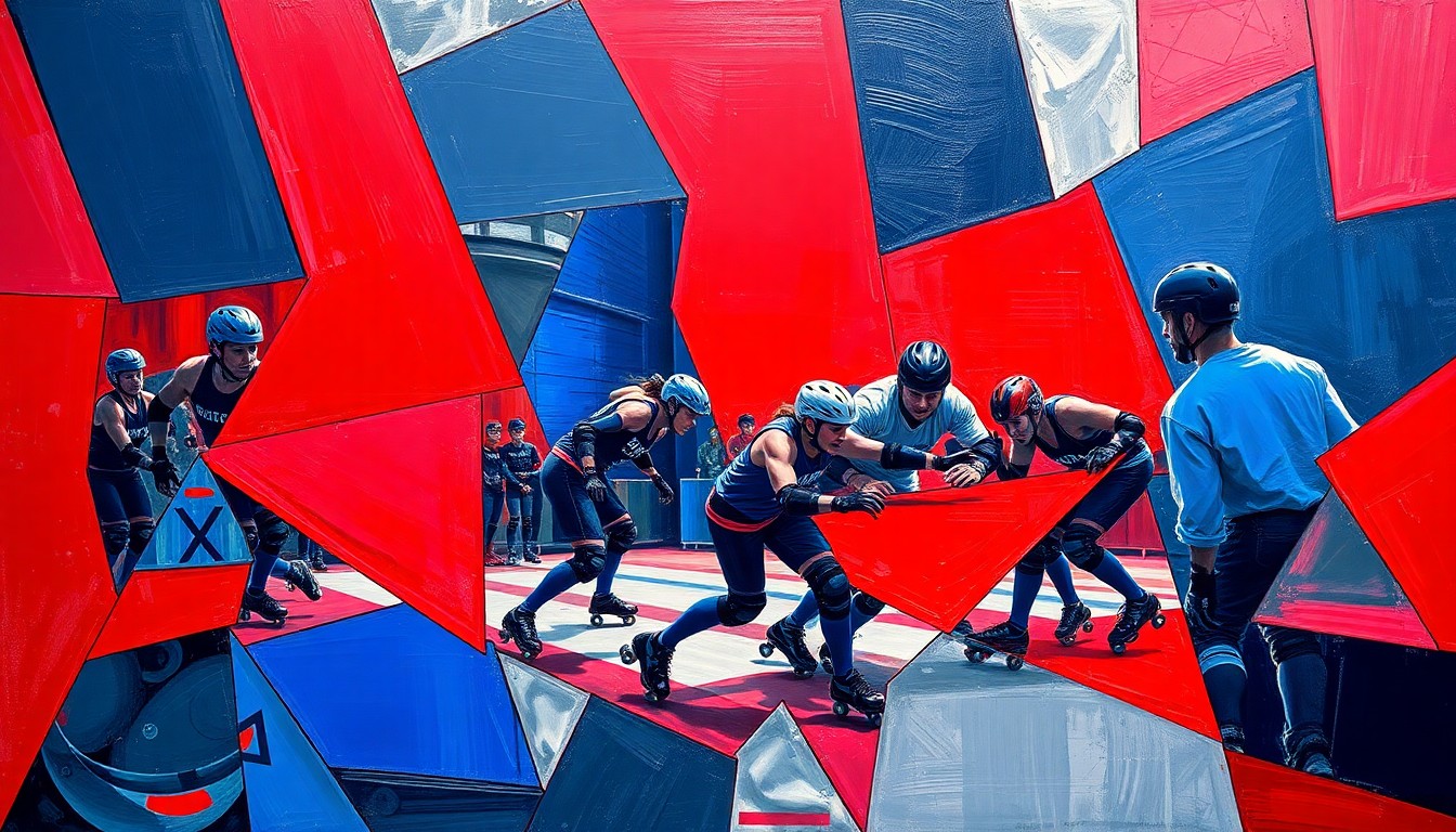 A cubist, geometric painting depicting the chaotic energy and movement of a roller derby match, with overlapping planes of bright red, navy blue, and metallic silver.