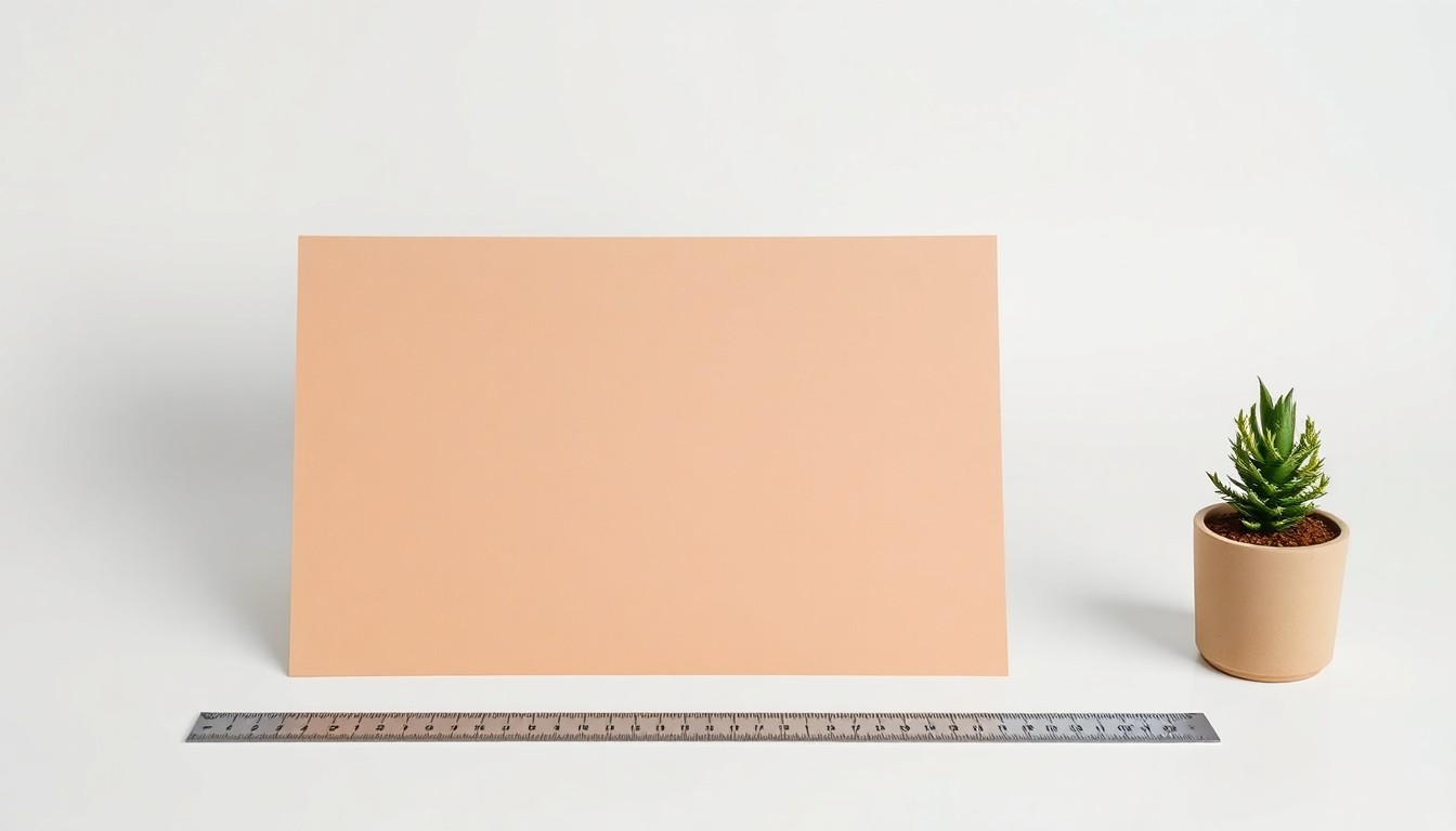 A high-end studio still life photograph featuring a stack of large-format printing samples, a metal ruler, and a small potted plant against a clean white background, symbolizing the precision, craftsmanship, and community-focused values of the ReproGraphix printing company.