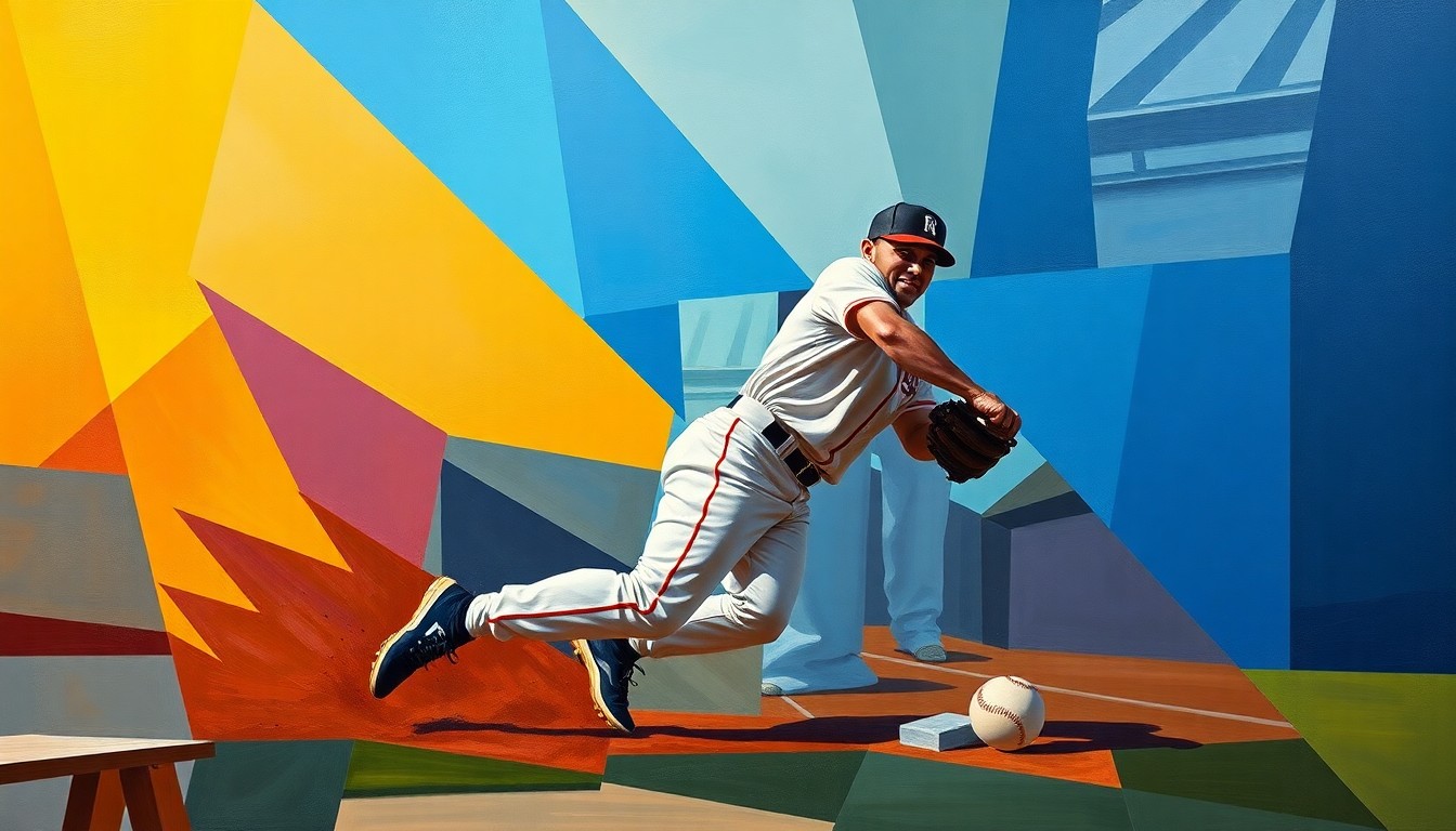 A cubist, geometric painting depicting a baseball player sliding into a base, with the action broken down into sharp, overlapping planes of color and form.
