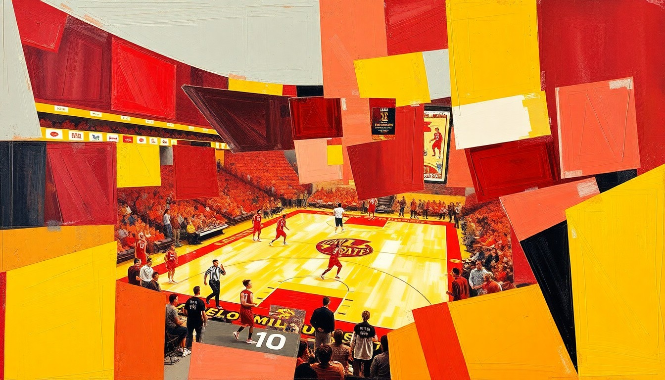 A cubist, geometric painting depicting a fragmented basketball game, with sharp planes of red and gold colors representing Iowa State's team colors.