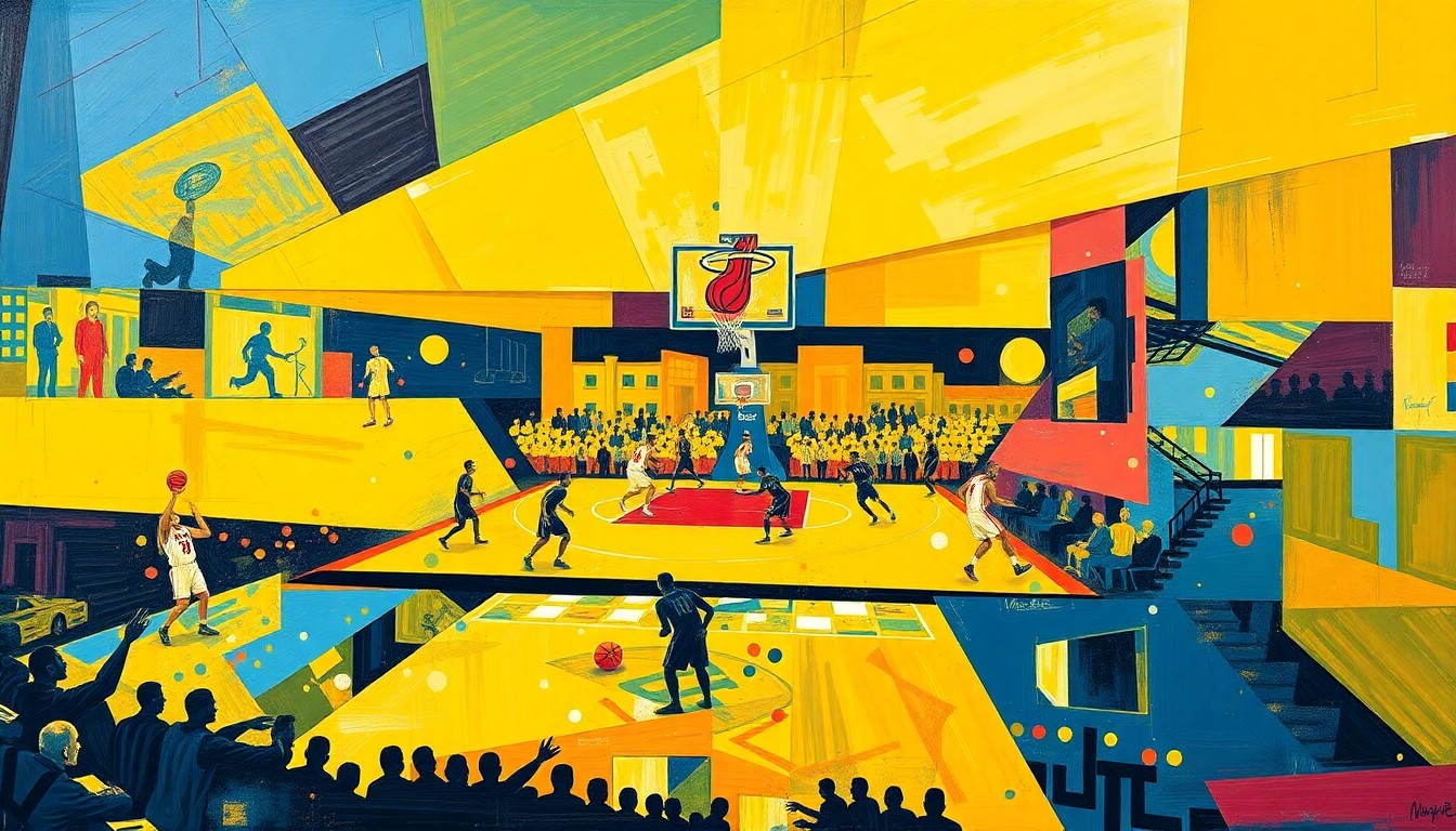 A fragmented, geometric painting in the style of Picasso, using bold colors and overlapping shapes to depict a basketball game or match, capturing the energy and movement of the players in an abstract, conceptual way.