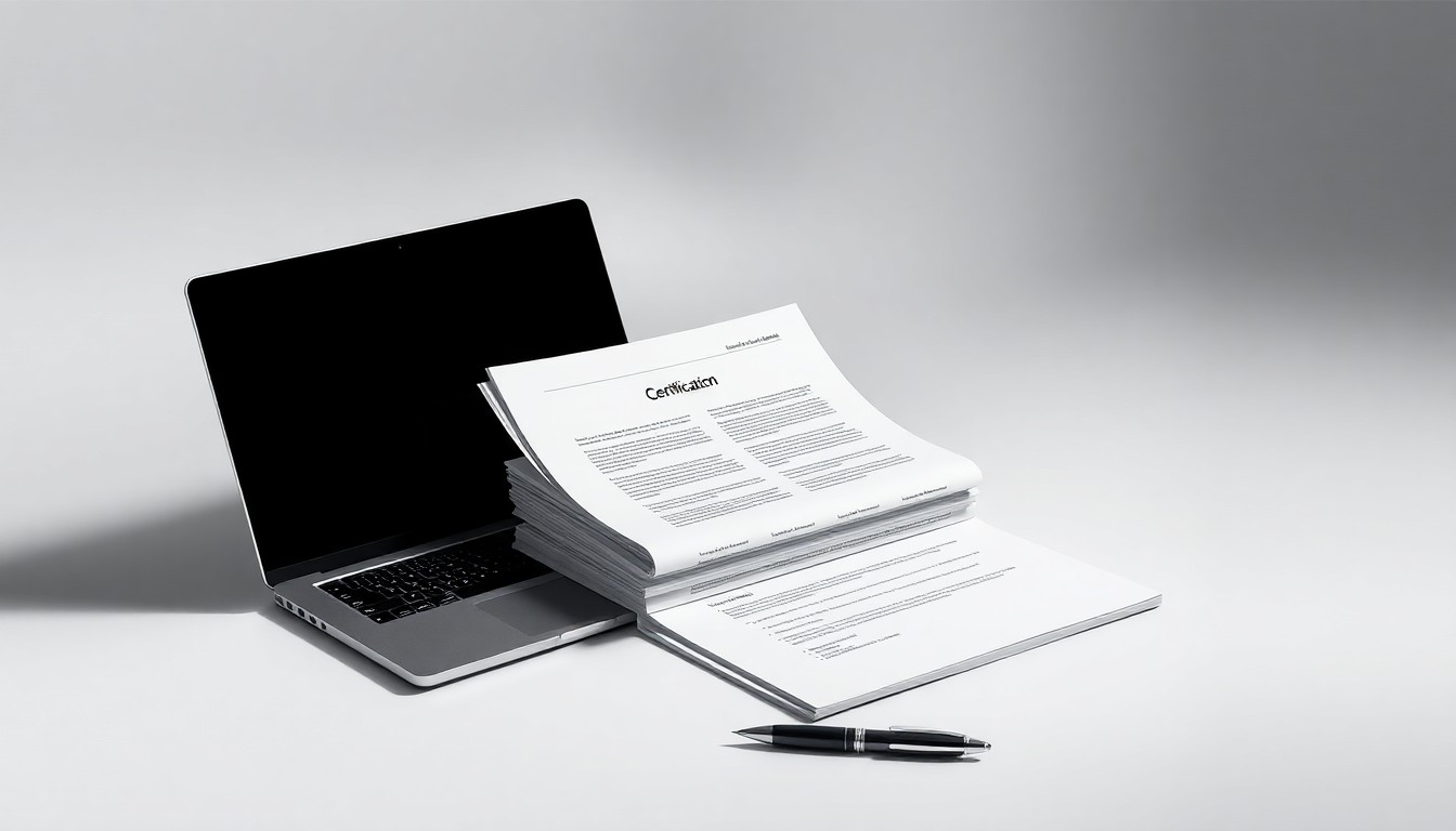 A high-end, photorealistic studio still-life photograph featuring a stack of business documents, a laptop, and a pen neatly arranged on a clean, monochromatic background, conceptually representing the abstract ideas of business certification and opportunity.