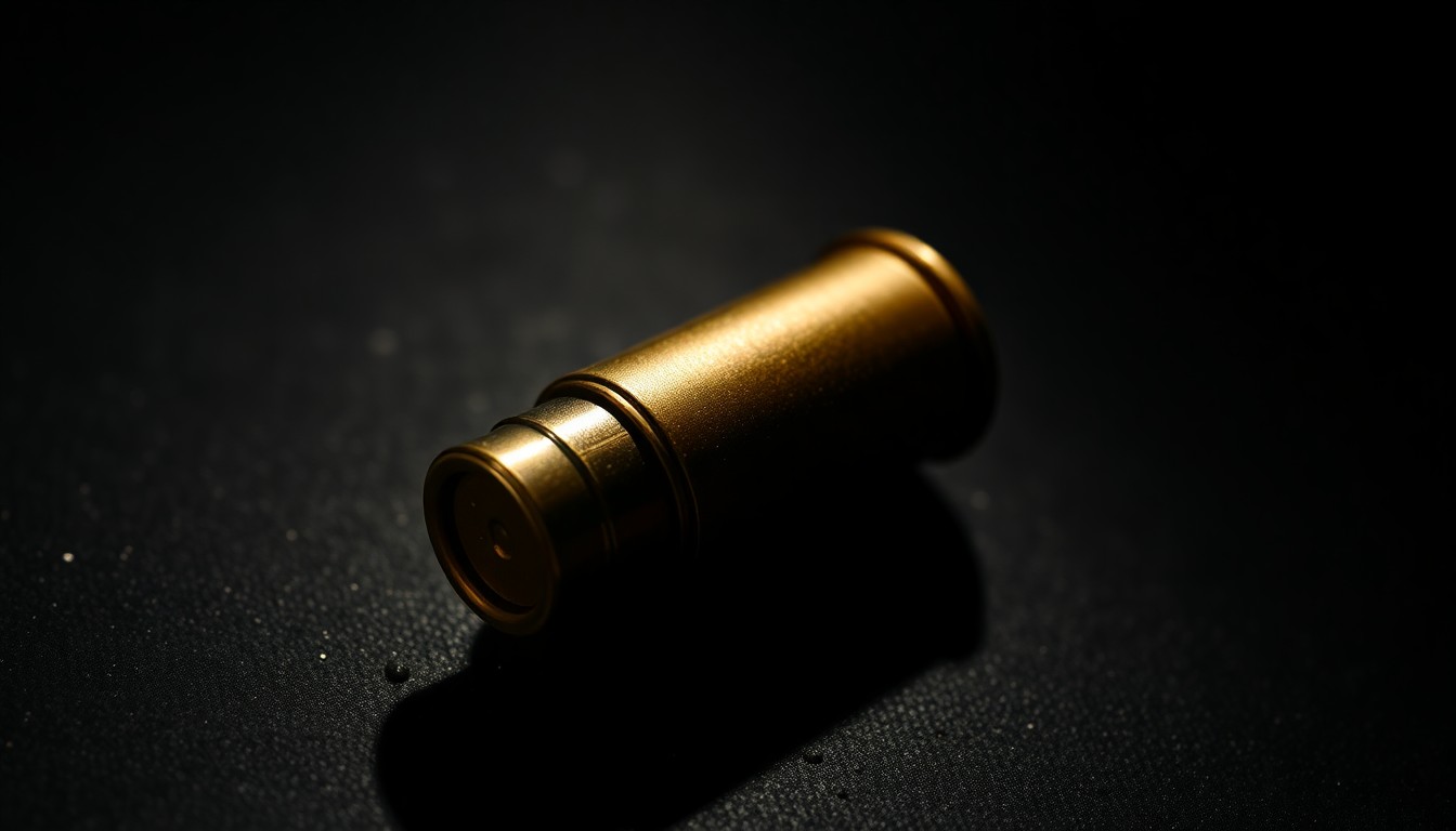 An extreme close-up of a single spent shell casing on a dark, textured surface, dramatically lit by a harsh camera flash to create a stark, investigative aesthetic.