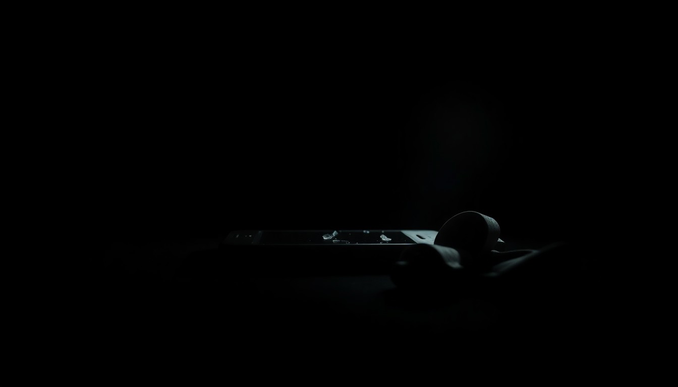 An extreme close-up photograph of a broken cell phone or piece of clothing, lit by a harsh, direct camera flash against a pitch-black background, conveying the stark, gritty, investigative nature of this missing person case.